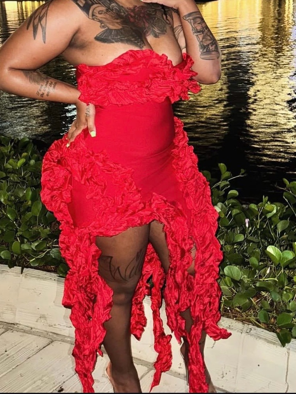 Fashion Nova Red Ruffle High-Low Strapless Dress